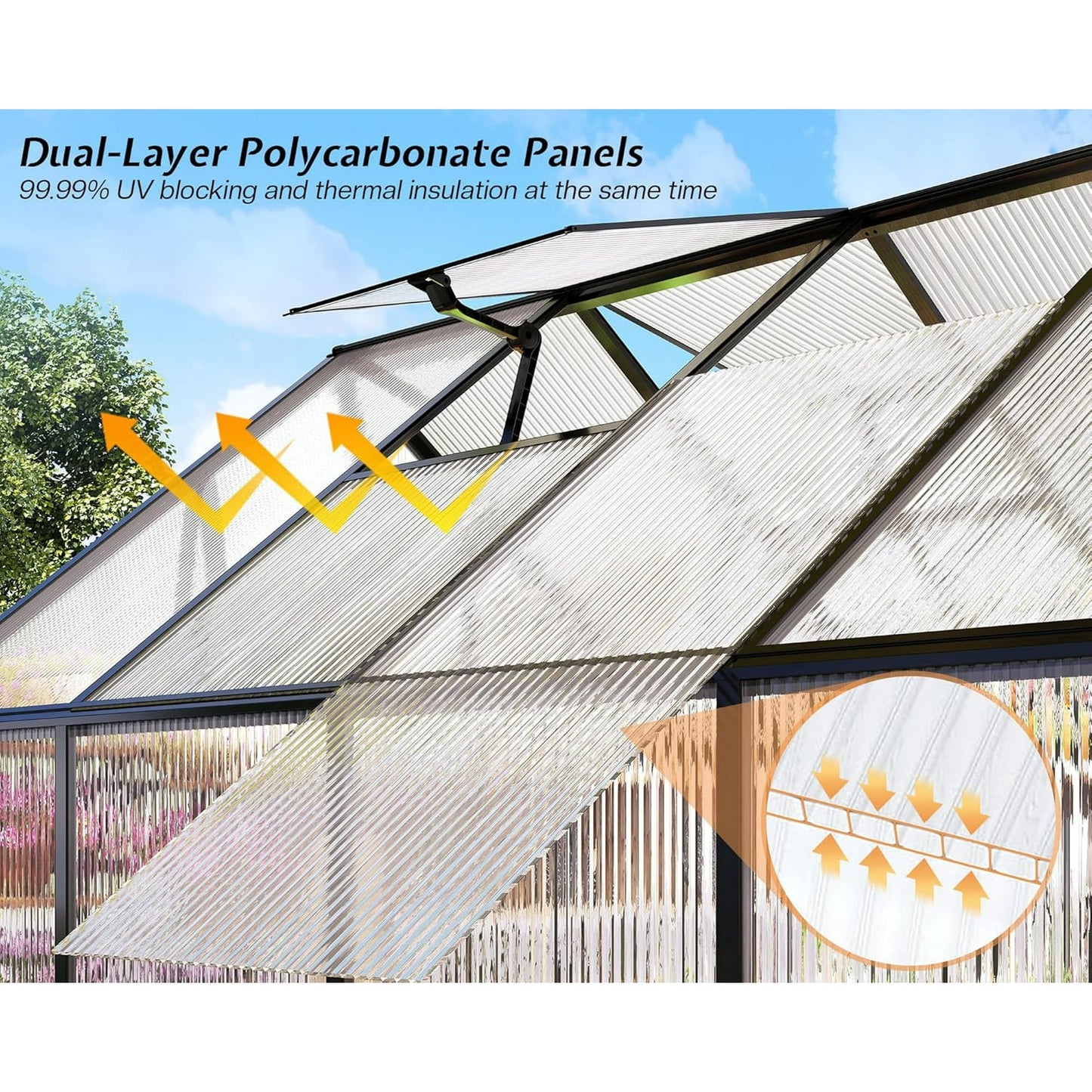 LUXOAK 8x8x7 FT Polycarbonate Greenhouse, Walk-in Aluminum with 2 top-opening windows, 2 Swing Doors, Heavy Duty Outdoor Garden Greenhouse, Black