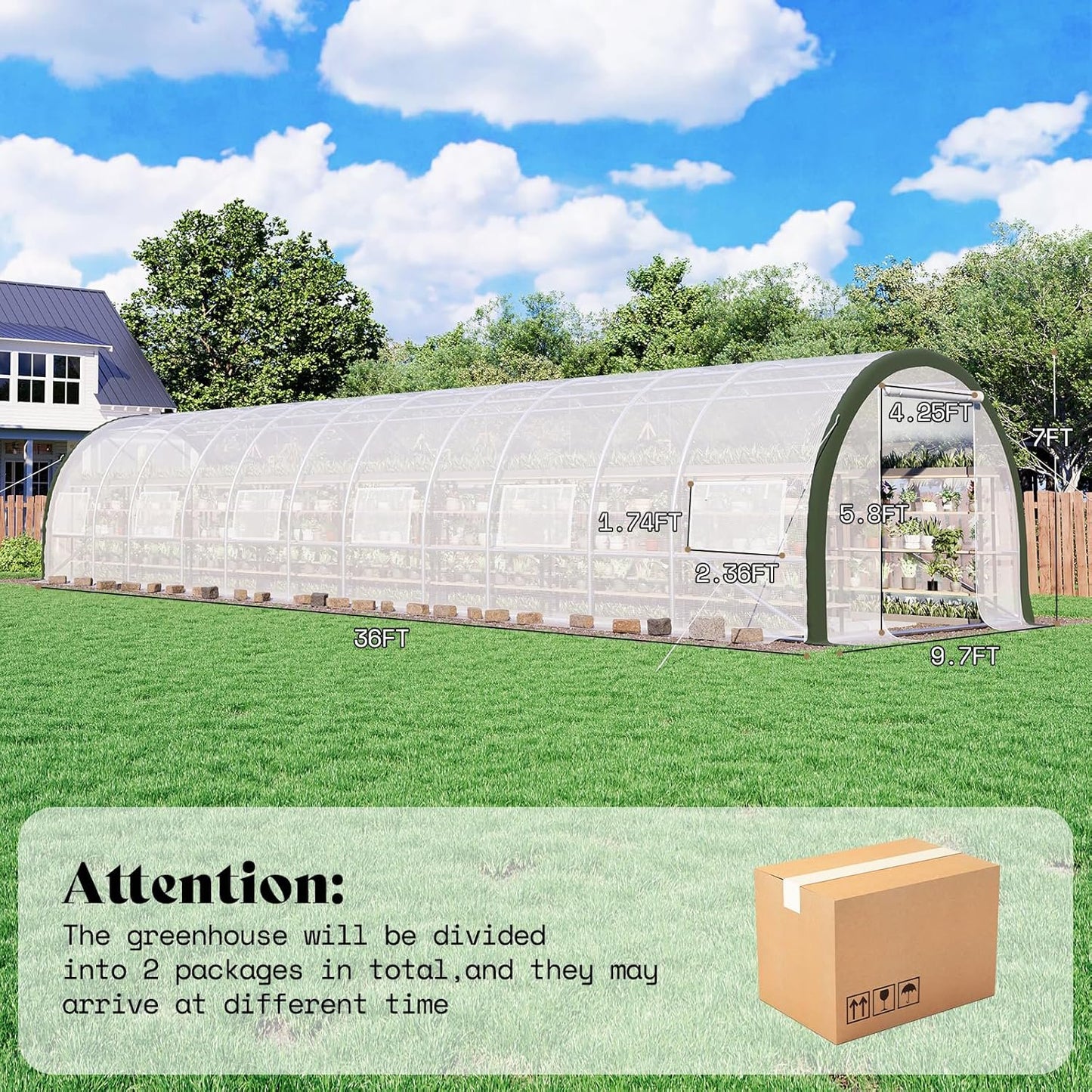 Jocisland 36x10x7 FT Large Walk-in Tunnel Greenhouses for Outdoors with Watering System 2 Zipper Doors, Heavy Duty Greenhouse Upgraded Galvanized Steel Frame 12 Windows, Green/White