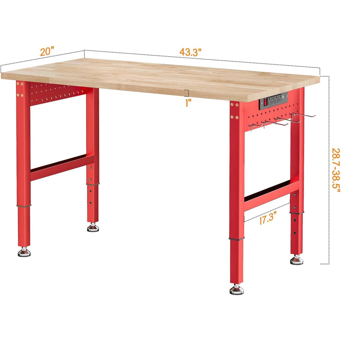 Jocisland 44" Red Adjustable Heavy Duty Workbench with 4 AC Outlet and 2 USB Ports Power Outlets, 2000 Lbs Capacity, Rubber Wood Top for Garage, Workshop, Office