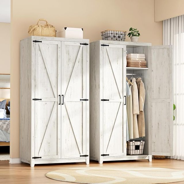 VANACC 70" Large Armoire Wardrobe Closet Set of 2 with Hanging Rod, Farmhouse Clothing Storage Cabinet with 4 Barn Doors, Wooden Tall Bedroom Armoires with Shelf