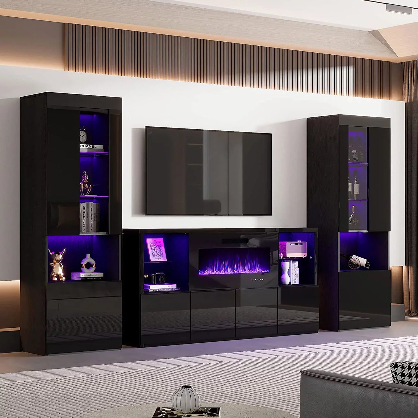 2 Piece Bookcase Storage Cabinet, Wood Glossy Bookshelf with 3-Tier Shelves,Living Room, Black