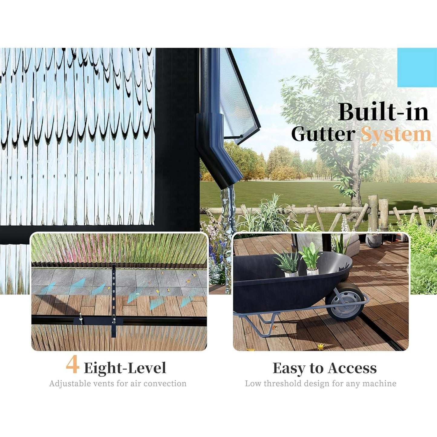 Jocisland 16x12x9.5 ft Polycarbonate Greenhouse- 6 ft Wall Height Outdoor Aluminum Greenhouses with 2 Vent Windows and Rain Gutter, Double Doors with Hook, Walk-in Greenhouse for Backyard Garden