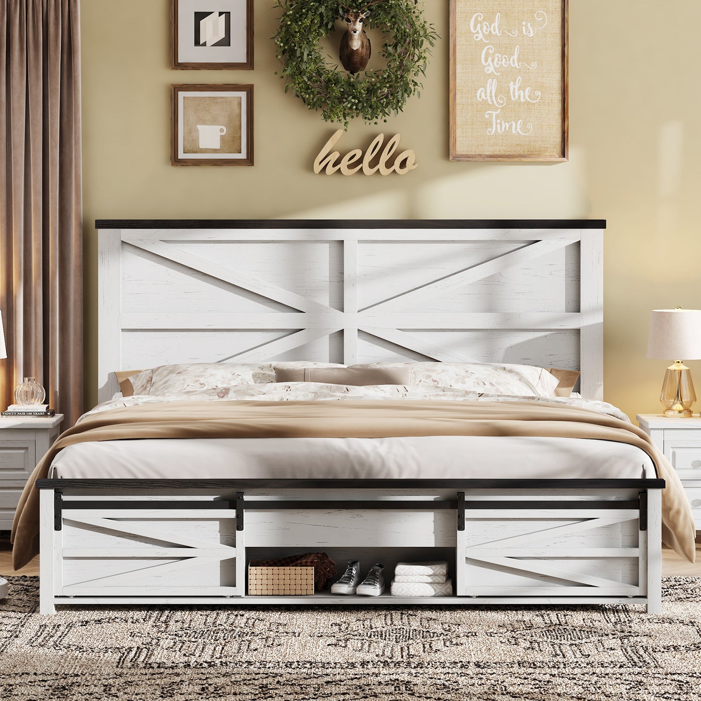 VANACC Farmhouse Wood Bed Frame with Sliding Barn Door Storage Cabinets and Headboard,Solid Wood Slats Support,No Squeak, No Box Spring Needed