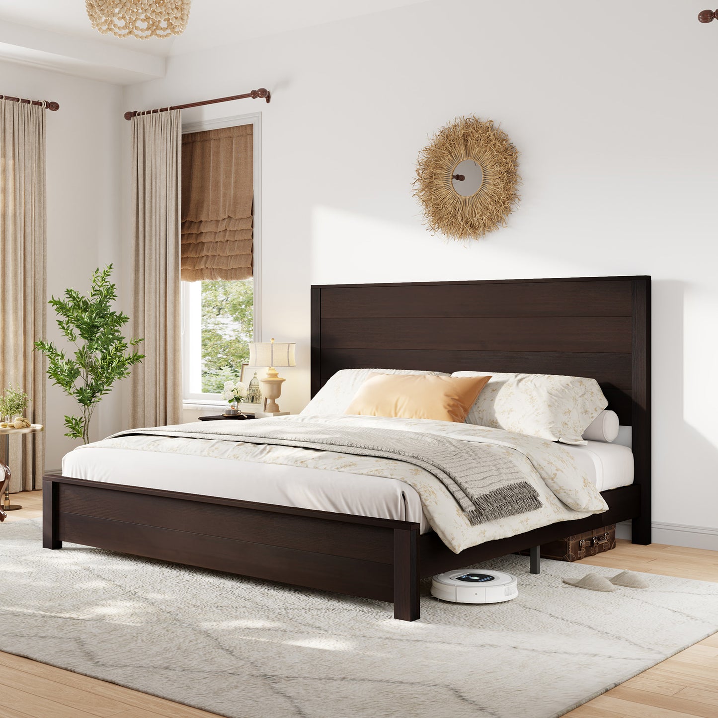 VANACC Wood Platform Bed, Rustic Bed Frame with 51.2" Tall Slatted Headboard, Wooden Slats & Metal Support, No Box Spring Needed/Noise Free