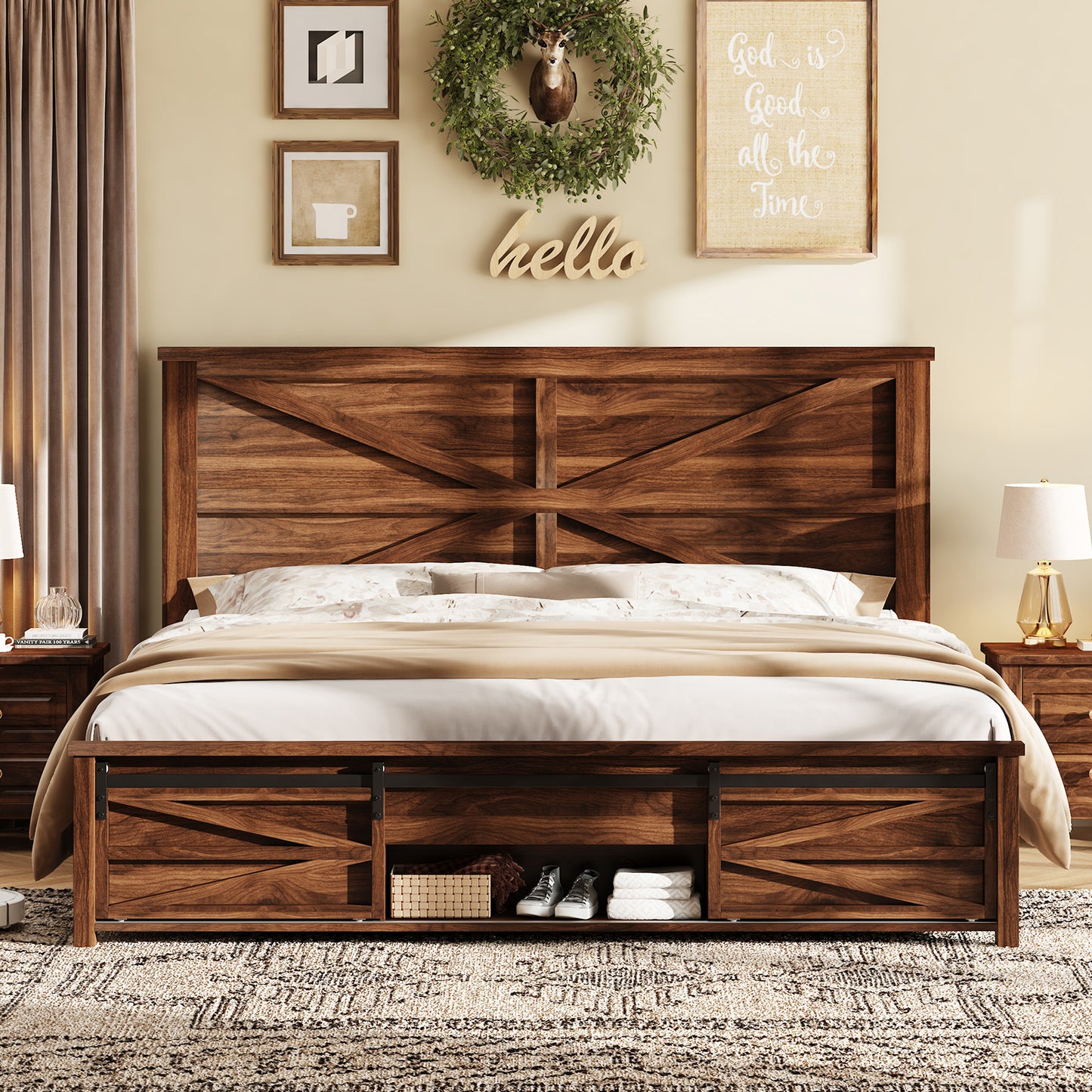 VANACC Farmhouse Wood Bed Frame with Sliding Barn Door Storage Cabinets and Headboard,Solid Wood Slats Support,No Squeak, No Box Spring Needed
