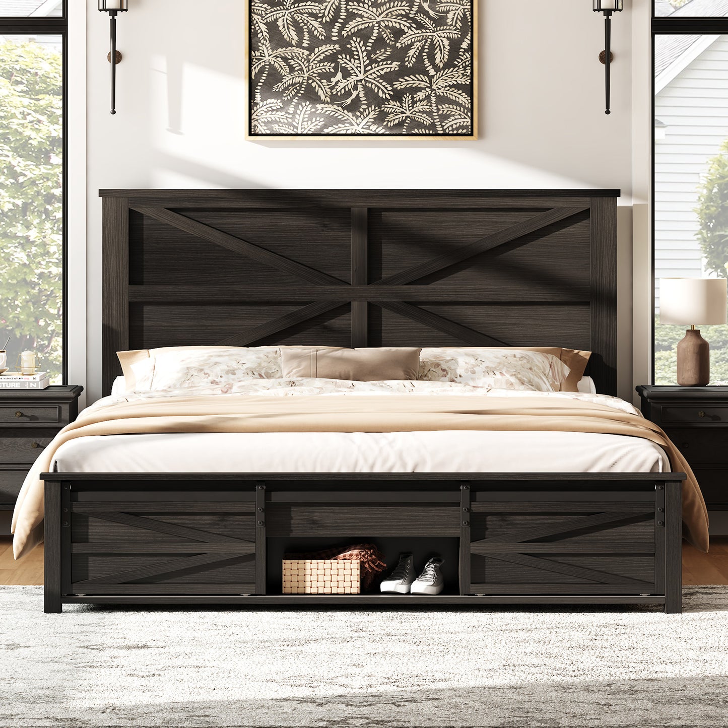 VANACC Farmhouse Wood Bed Frame with Sliding Barn Door Storage Cabinets and Headboard,Solid Wood Slats Support,No Squeak, No Box Spring Needed