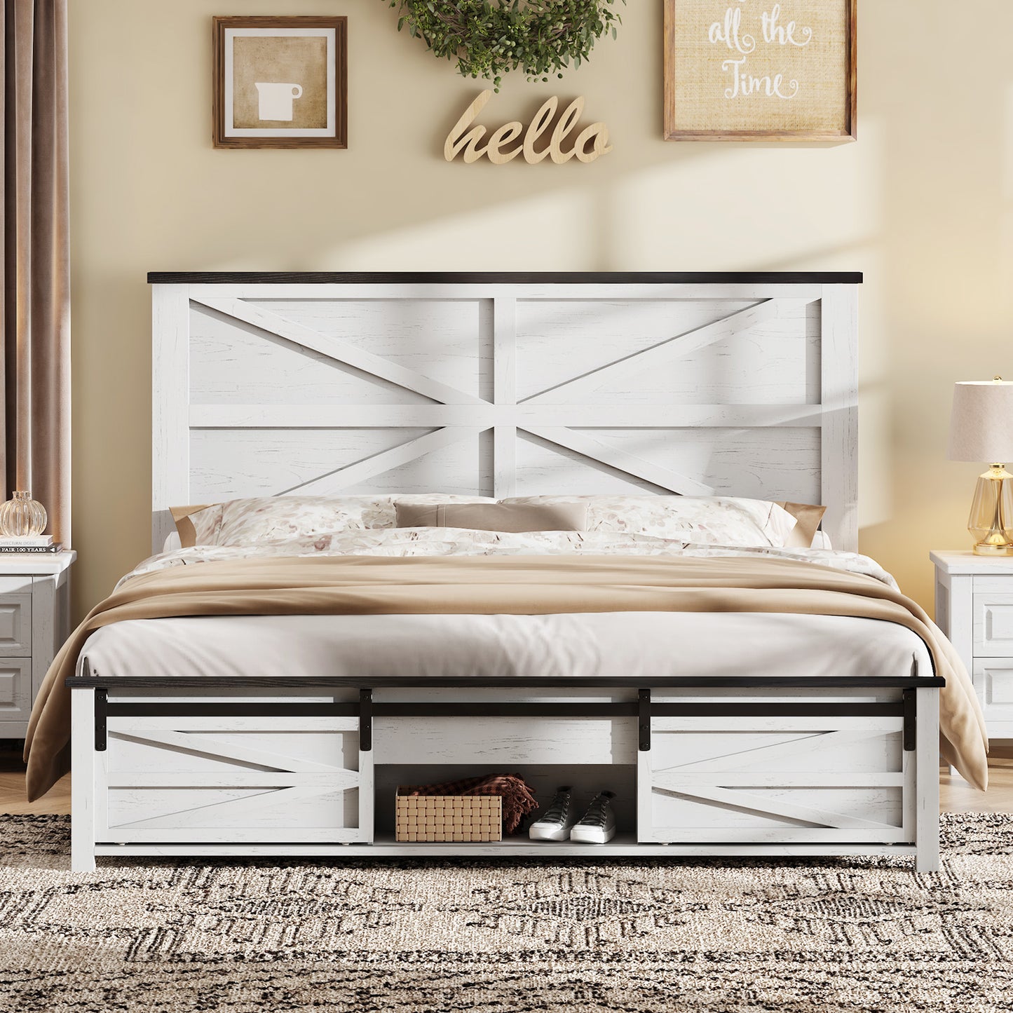 VANACC Farmhouse Wood Bed Frame with Sliding Barn Door Storage Cabinets and Headboard,Solid Wood Slats Support,No Squeak, No Box Spring Needed