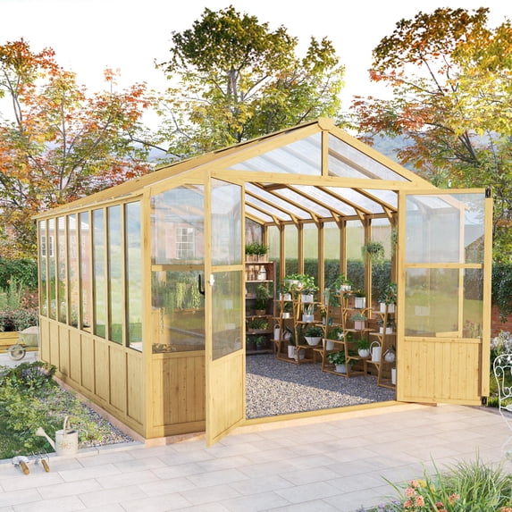 Cedar Wood Greenhouse Polycarbonate Panels Double Door 2 Windows Backyard Garden Planting House