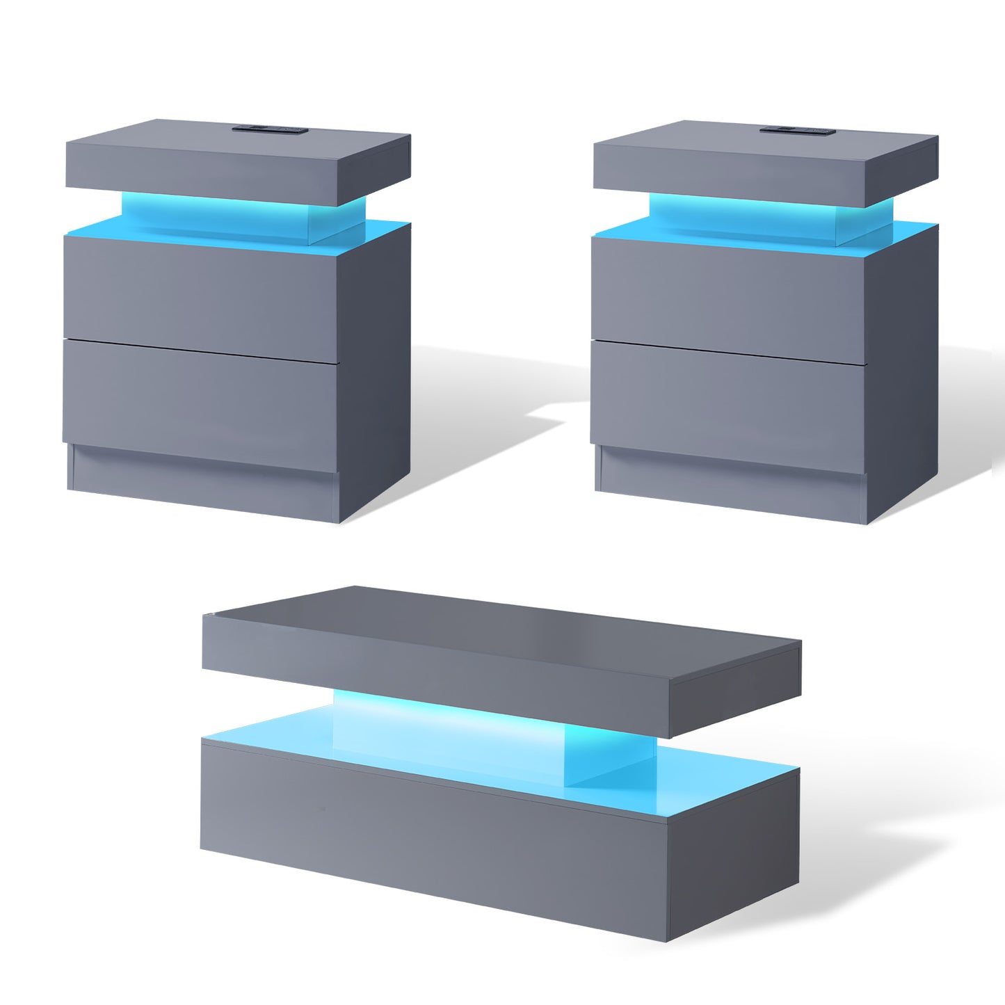 AMERLIFE High Gloss 3 Pieces Living Room Table Set, Modern LED Coffee Table Sets of 3, 2-tier Center Table with 2 End Side Tables, LED Lights Bedside Table Nightstands with Charging Station, Black