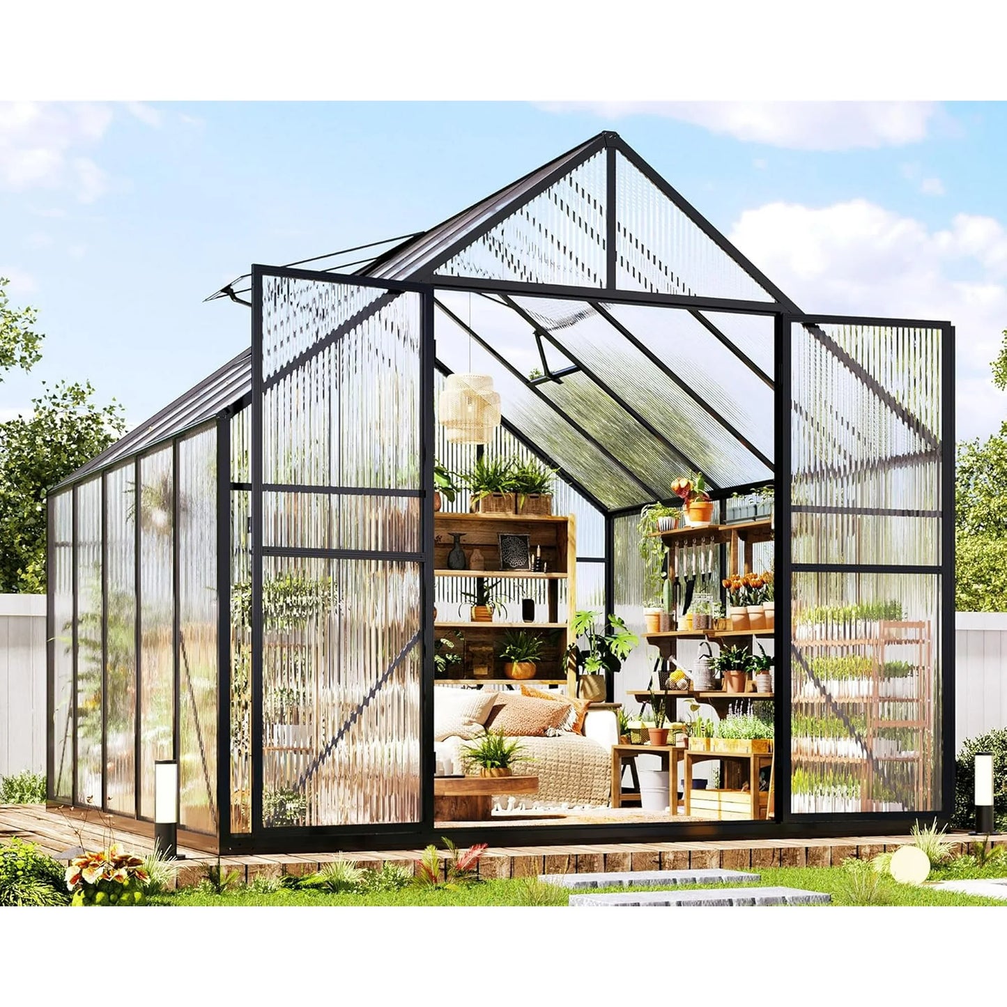 LUXOAK 8x8x7 FT Polycarbonate Greenhouse, Walk-in Aluminum with 2 top-opening windows, 2 Swing Doors, Heavy Duty Outdoor Garden Greenhouse, Black