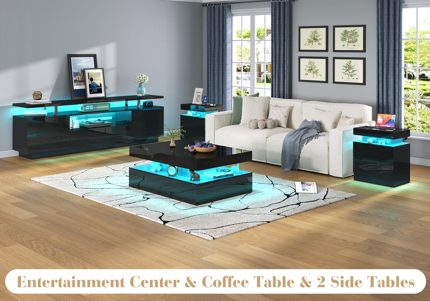 4-Piece Living Room Table Set Includes Modern 70" TV Stand, Coffee Table and Nightstands Set of 2 with LED Lights, High Glossy Coffee Table Set for Bedroom & Office, White