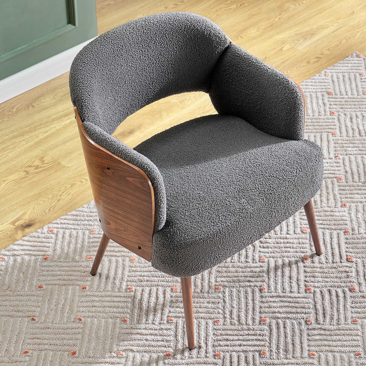 Accent Chair, Sherpa Living Room Bedroom Chairs for AduIts, Mid Century Modern Armchair with HoIIow Backrest SoIid Wood Handrail, Comfy Reading Vanity Makeup Chair Dining Arm Sofa