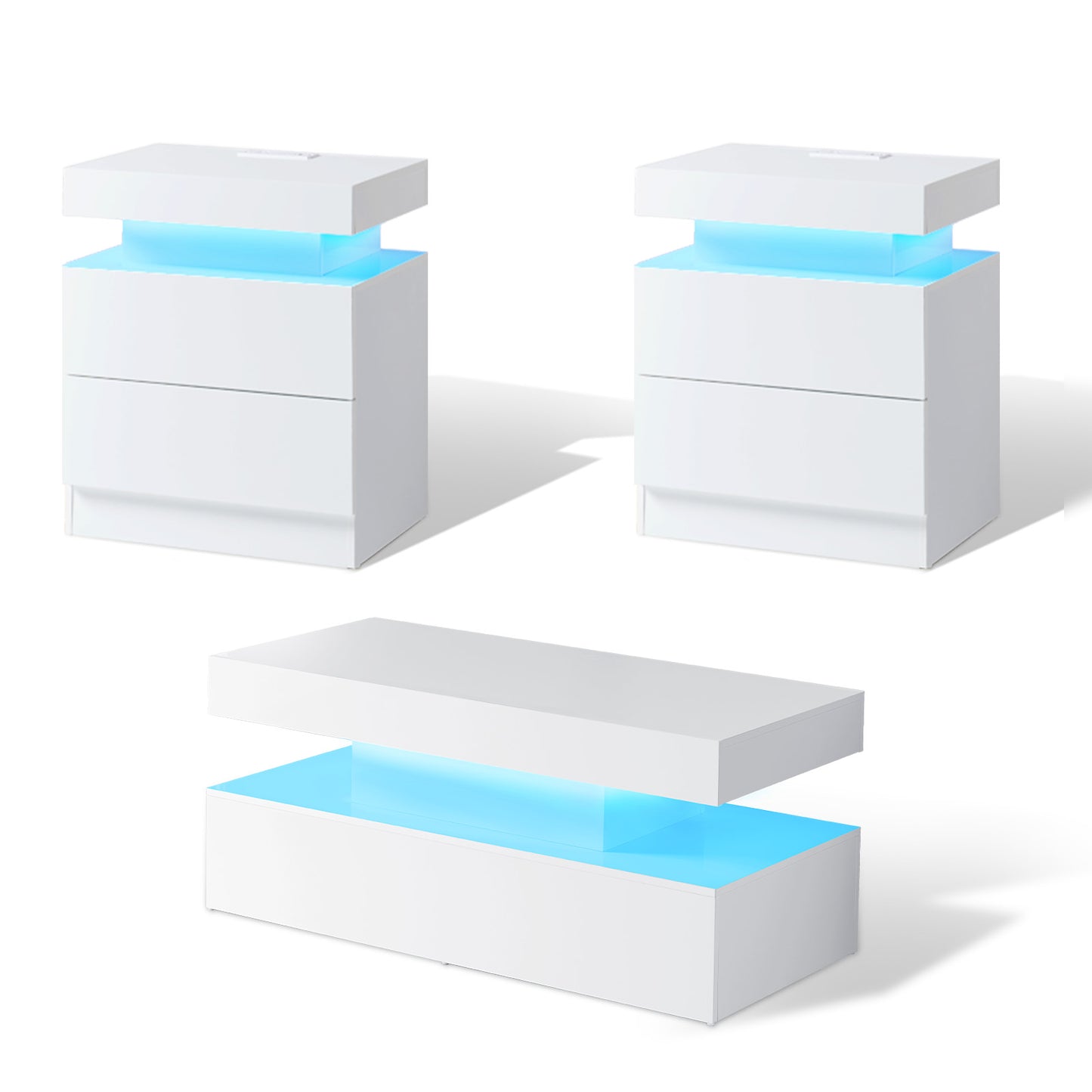 AMERLIFE High Gloss 3 Pieces Living Room Table Set, Modern LED Coffee Table Sets of 3, 2-tier Center Table with 2 End Side Tables, LED Lights Bedside Table Nightstands with Charging Station, Black