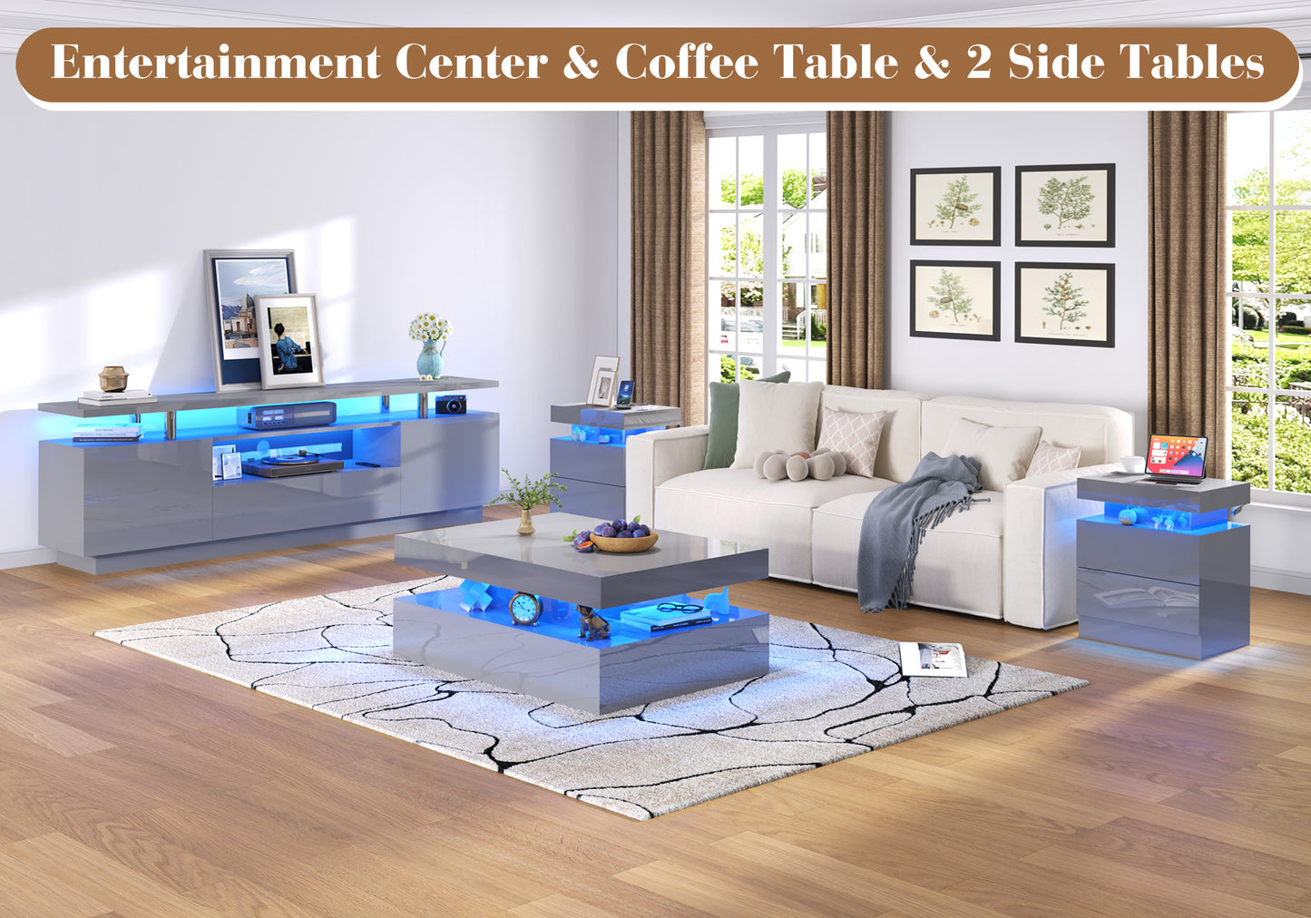 4-Piece Living Room Table Set Includes Modern 70" TV Stand, Coffee Table and Nightstands Set of 2 with LED Lights, High Glossy Coffee Table Set for Bedroom & Office, White
