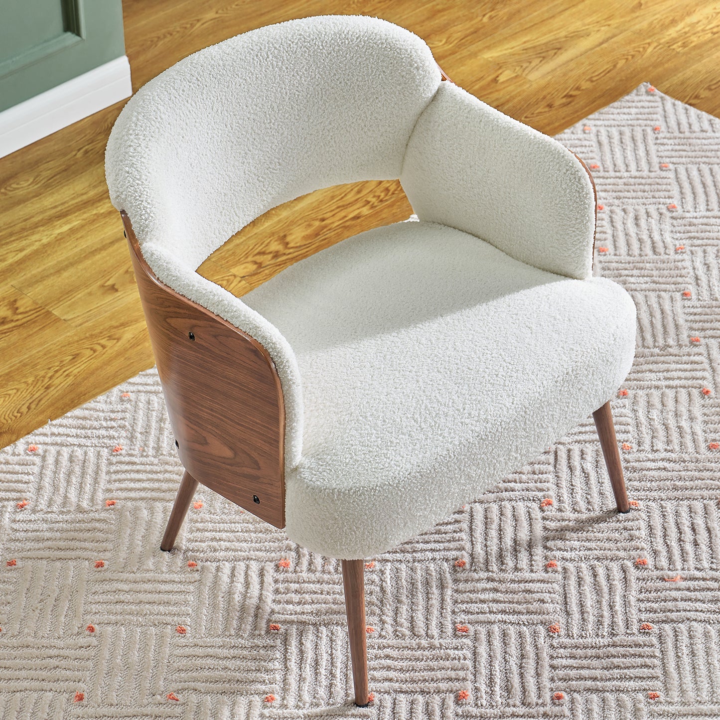 Accent Chair, Sherpa Living Room Bedroom Chairs for AduIts, Mid Century Modern Armchair with HoIIow Backrest SoIid Wood Handrail, Comfy Reading Vanity Makeup Chair Dining Arm Sofa