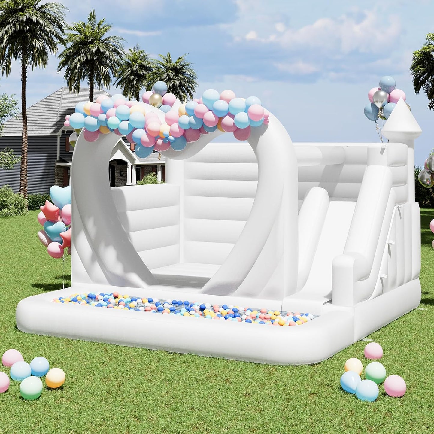 Jocisland Inflatable White Bounce House, 13.1×13.1×9.8FT PVC Inflatable White Castle with 950W Blower, for Wedding and Party Decorations