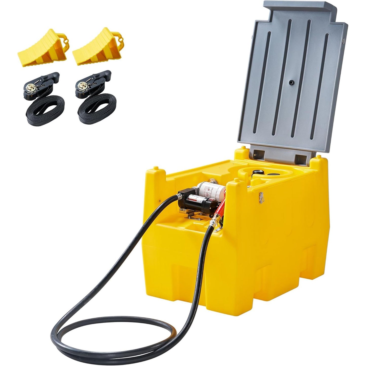 Jocisland Portable Diesel Tank, 58 Gallon Capacity Diesel Fuel Tank with 12V Electric Transfer Pump and 13.1ft Rubber Hose, Wheel Chocks and Lashing Straps, Black