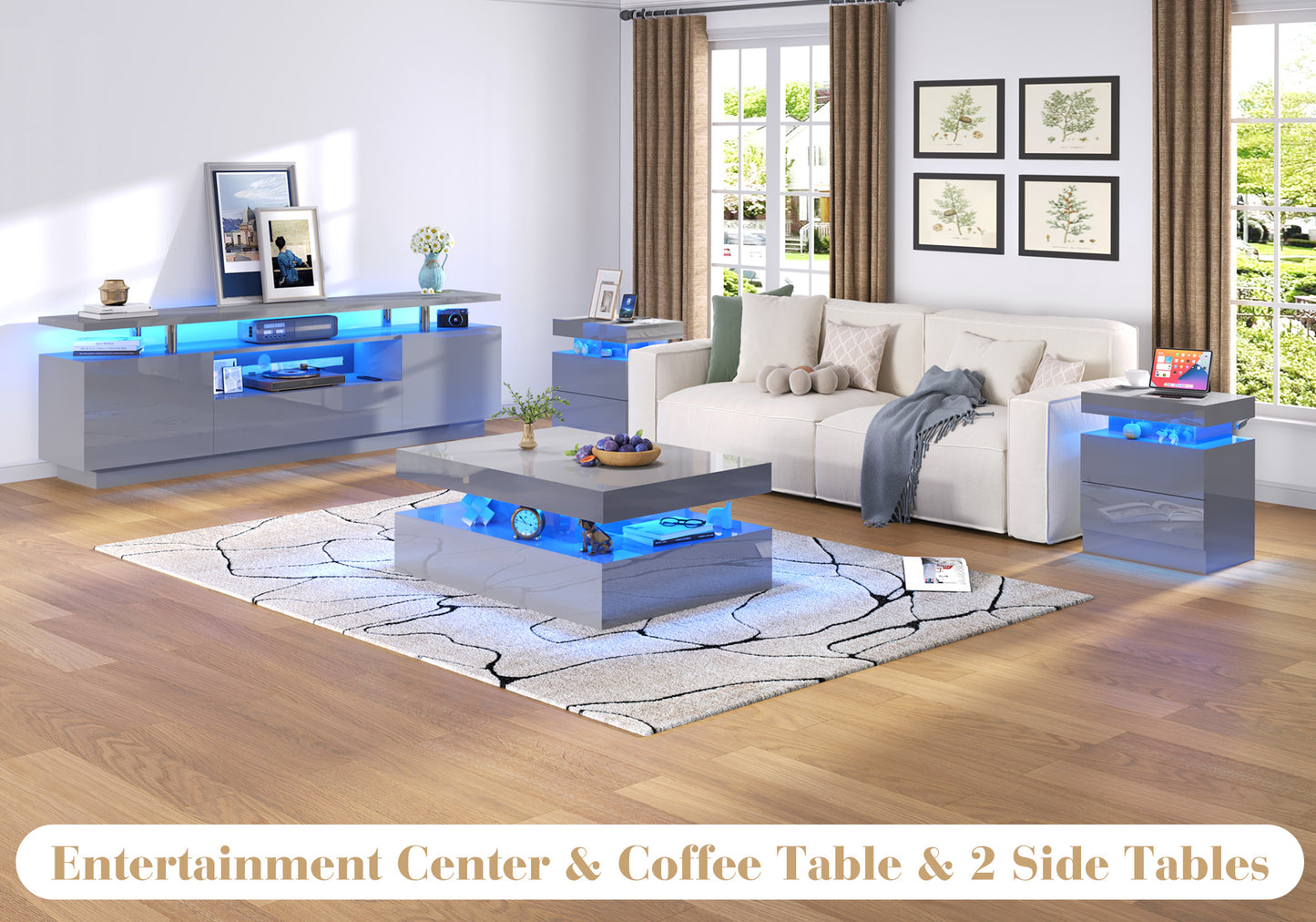 4-Piece Living Room Table Set Includes Modern 70" TV Stand, Coffee Table and Nightstands Set of 2 with LED Lights, High Glossy Coffee Table Set for Bedroom & Office, White