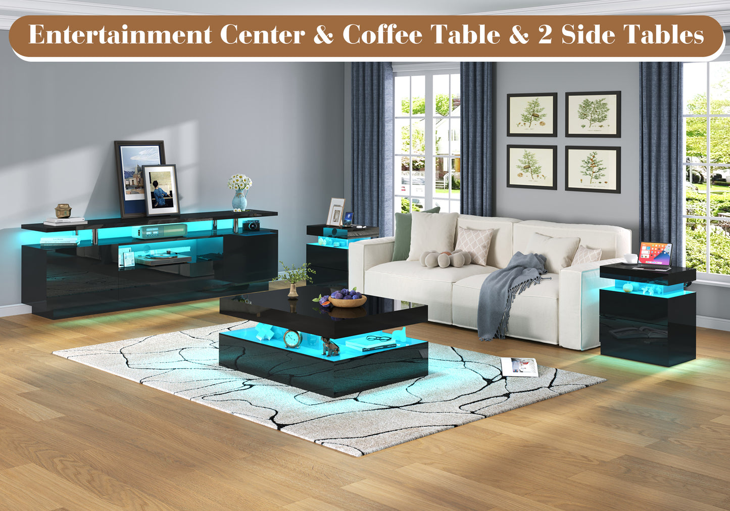 4-Piece Living Room Table Set Includes Modern 70" TV Stand, Coffee Table and Nightstands Set of 2 with LED Lights, High Glossy Coffee Table Set for Bedroom & Office, White
