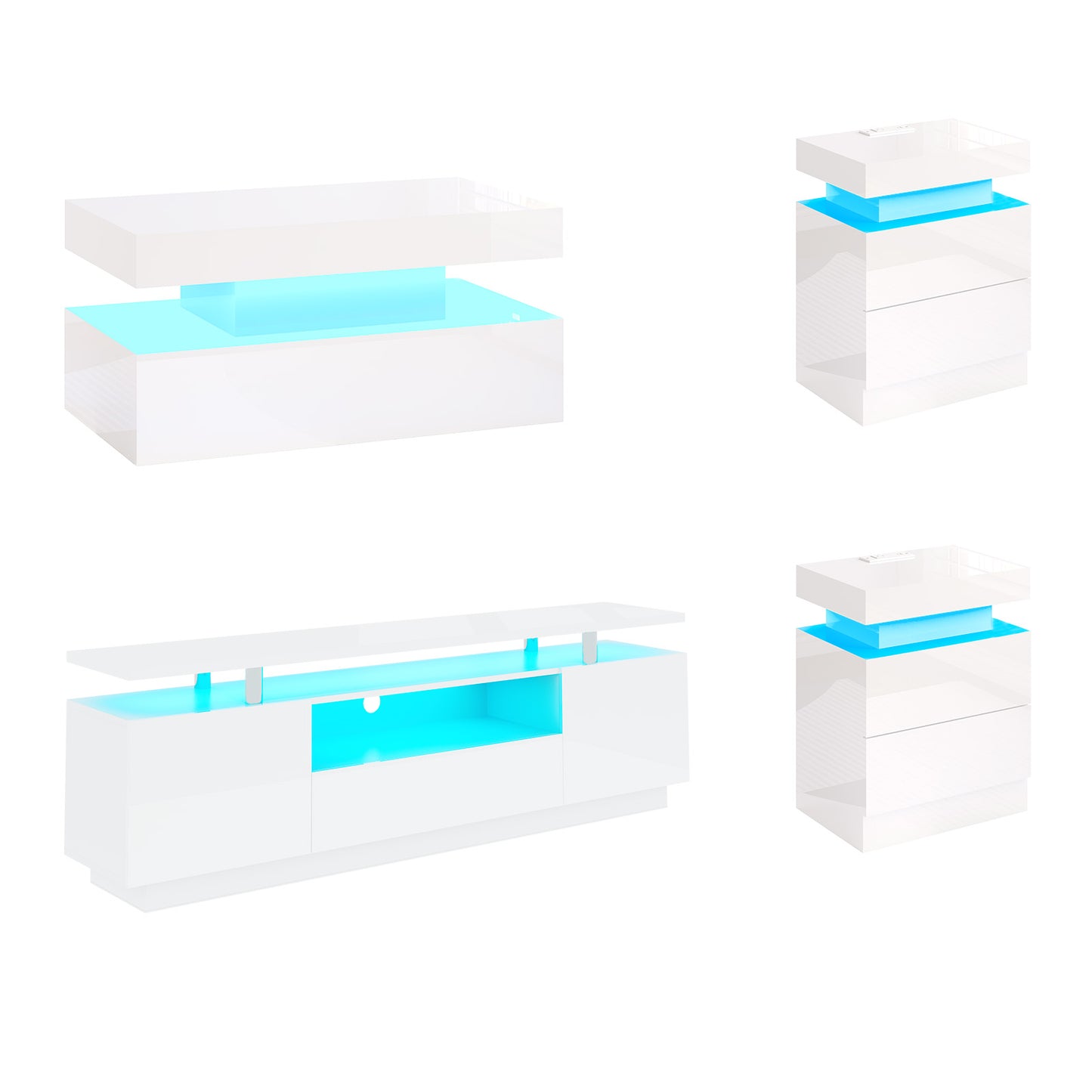 4-Piece Living Room Table Set Includes Modern 70" TV Stand, Coffee Table and Nightstands Set of 2 with LED Lights, High Glossy Coffee Table Set for Bedroom & Office, White