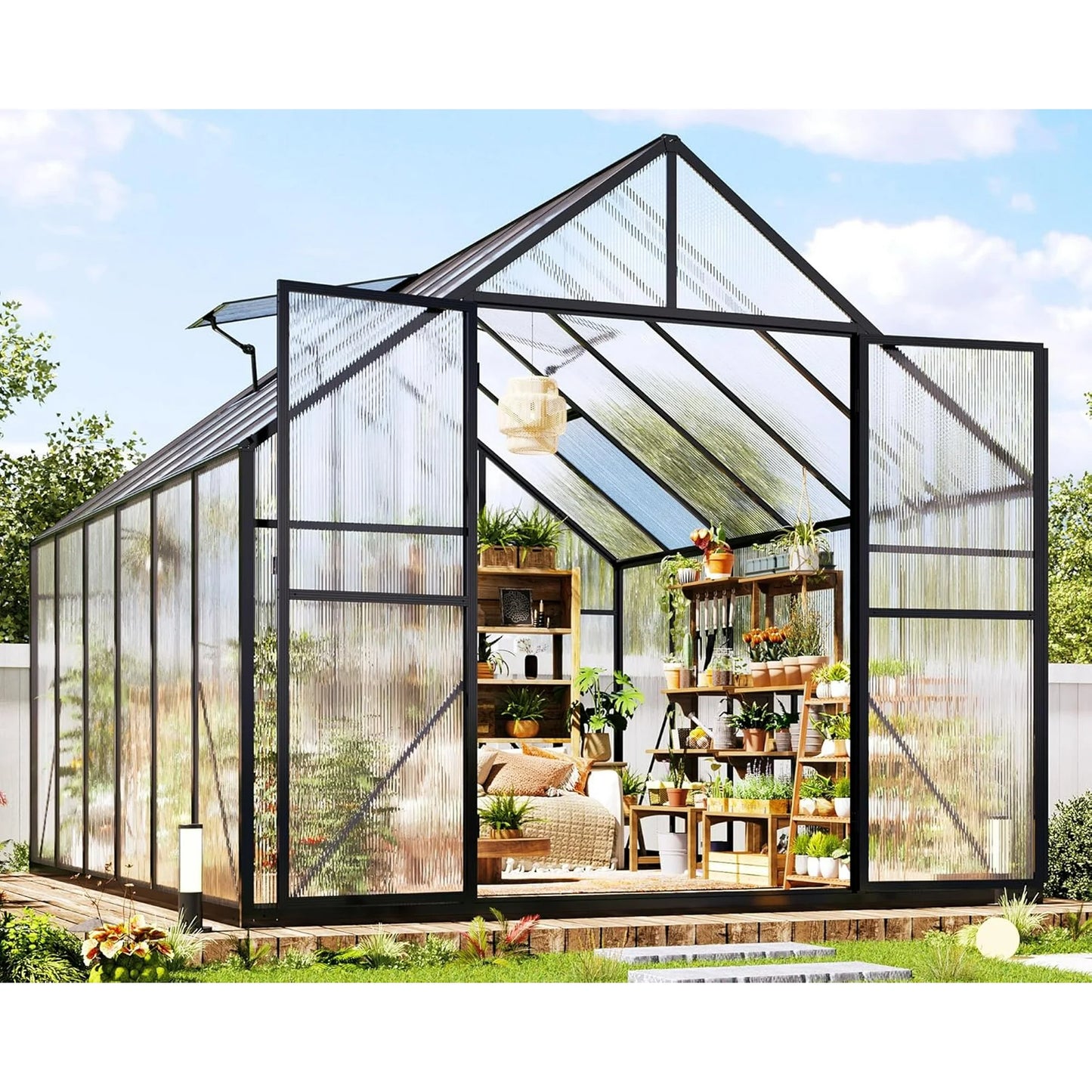 LUXOAK 8x8x7 FT Polycarbonate Greenhouse, Walk-in Aluminum with 2 top-opening windows, 2 Swing Doors, Heavy Duty Outdoor Garden Greenhouse, Black