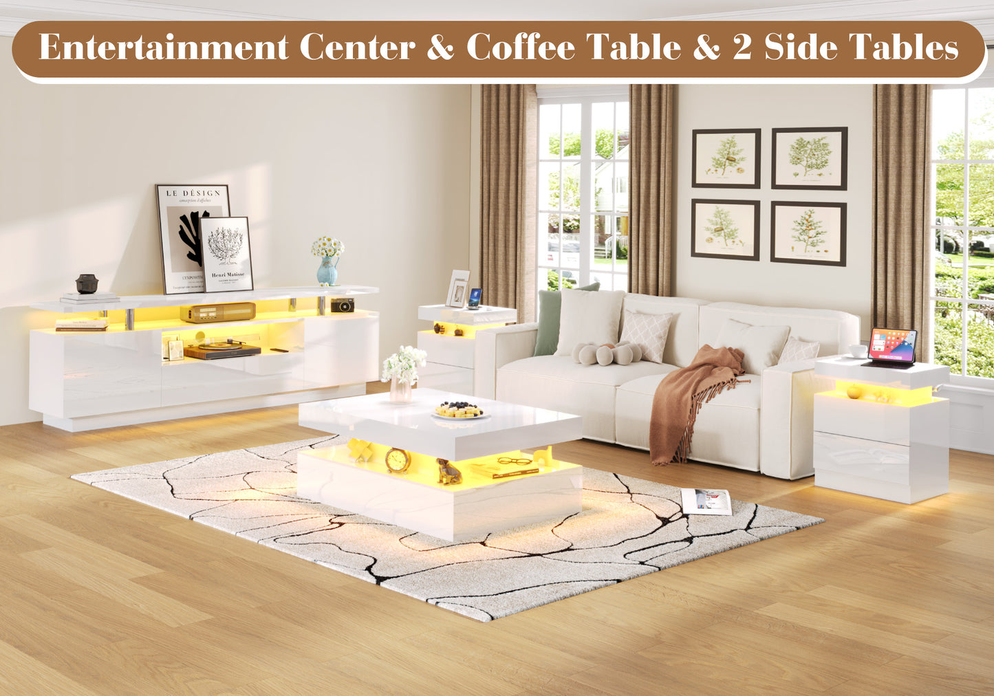 4-Piece Living Room Table Set Includes Modern 70" TV Stand, Coffee Table and Nightstands Set of 2 with LED Lights, High Glossy Coffee Table Set for Bedroom & Office, White