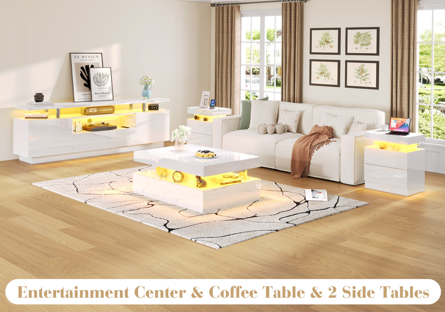 4-Piece Living Room Table Set Includes Modern 70" TV Stand, Coffee Table and Nightstands Set of 2 with LED Lights, High Glossy Coffee Table Set for Bedroom & Office, White
