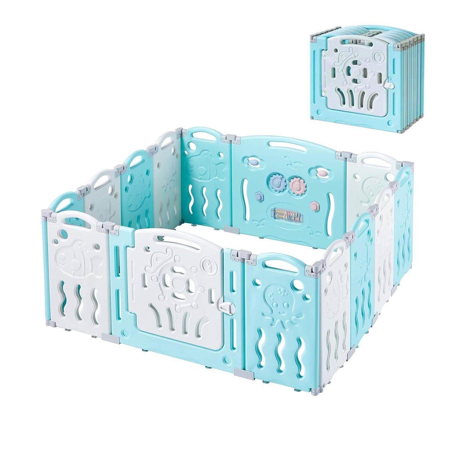 Jocisland 14-Panel Baby Playpen with Game Panel & Safety Gate, Foldable, Adjustable Shape, Portable Play Yard for Toddlers (Pink+White)