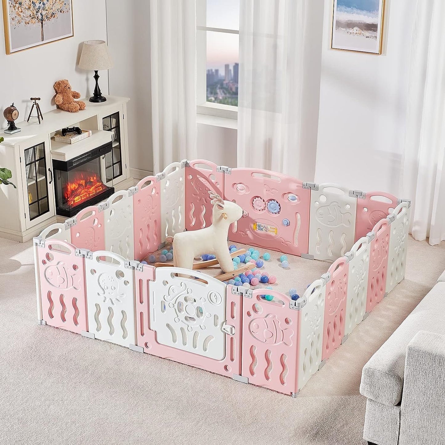 Jocisland 14-Panel Baby Playpen with Game Panel & Safety Gate, Foldable, Adjustable Shape, Portable Play Yard for Toddlers (Pink+White)