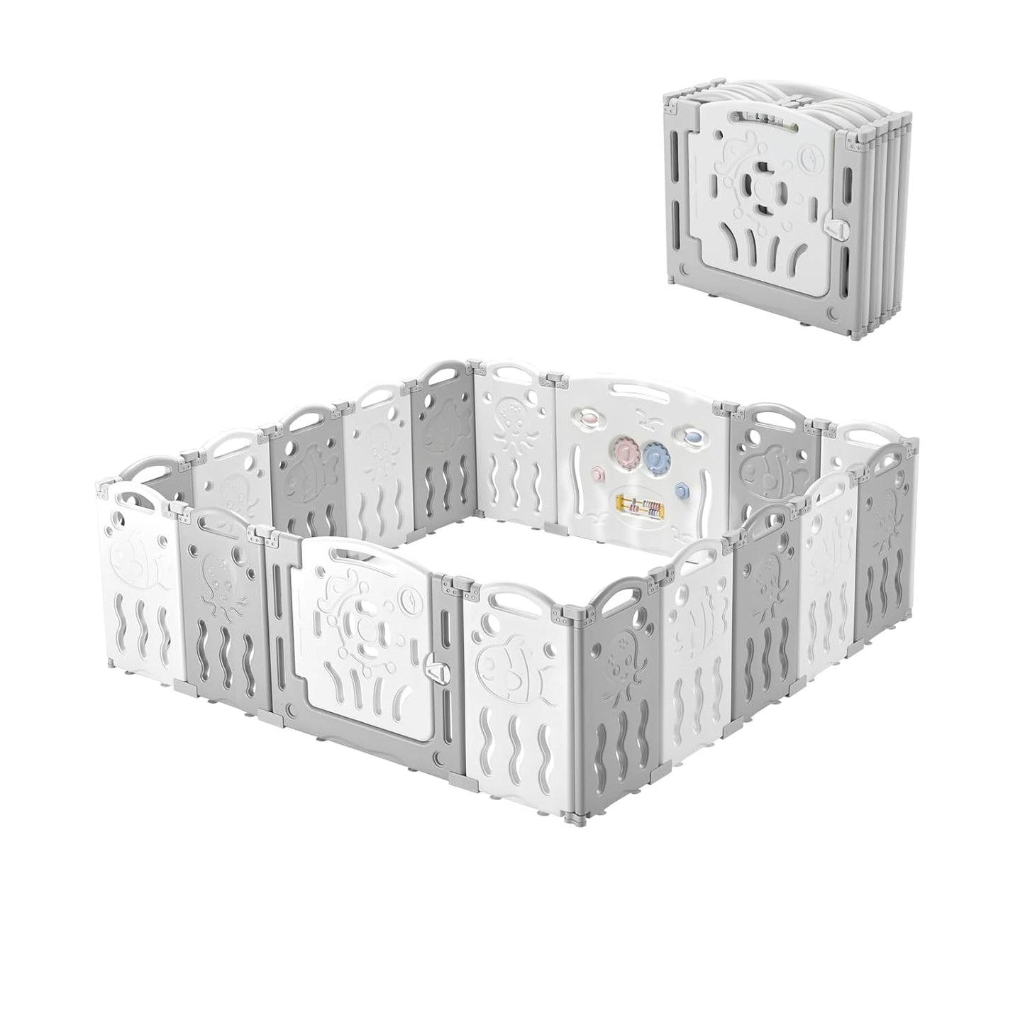 Jocisland 14-Panel Baby Playpen with Game Panel & Safety Gate, Foldable, Adjustable Shape, Portable Play Yard for Toddlers (Pink+White)