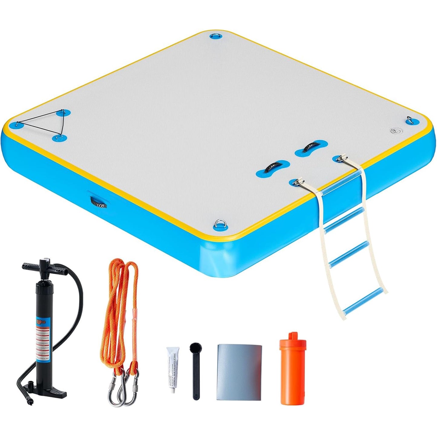 Jocisland 6x6 ft Inflatable Floating Dock with Non-Slip Surface, Detachable Ladder, Multi-Person Swim Platform for Pool, Beach, Ocean, Gray+Blue