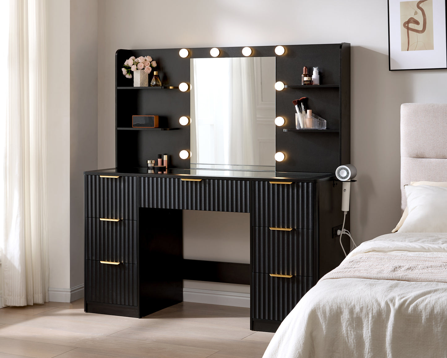 Merluxy Fluted Vanity Desk with Mirror and Adjustable LED Lights, 4 Drawers Makeup Table with Glass Top and Charging Station