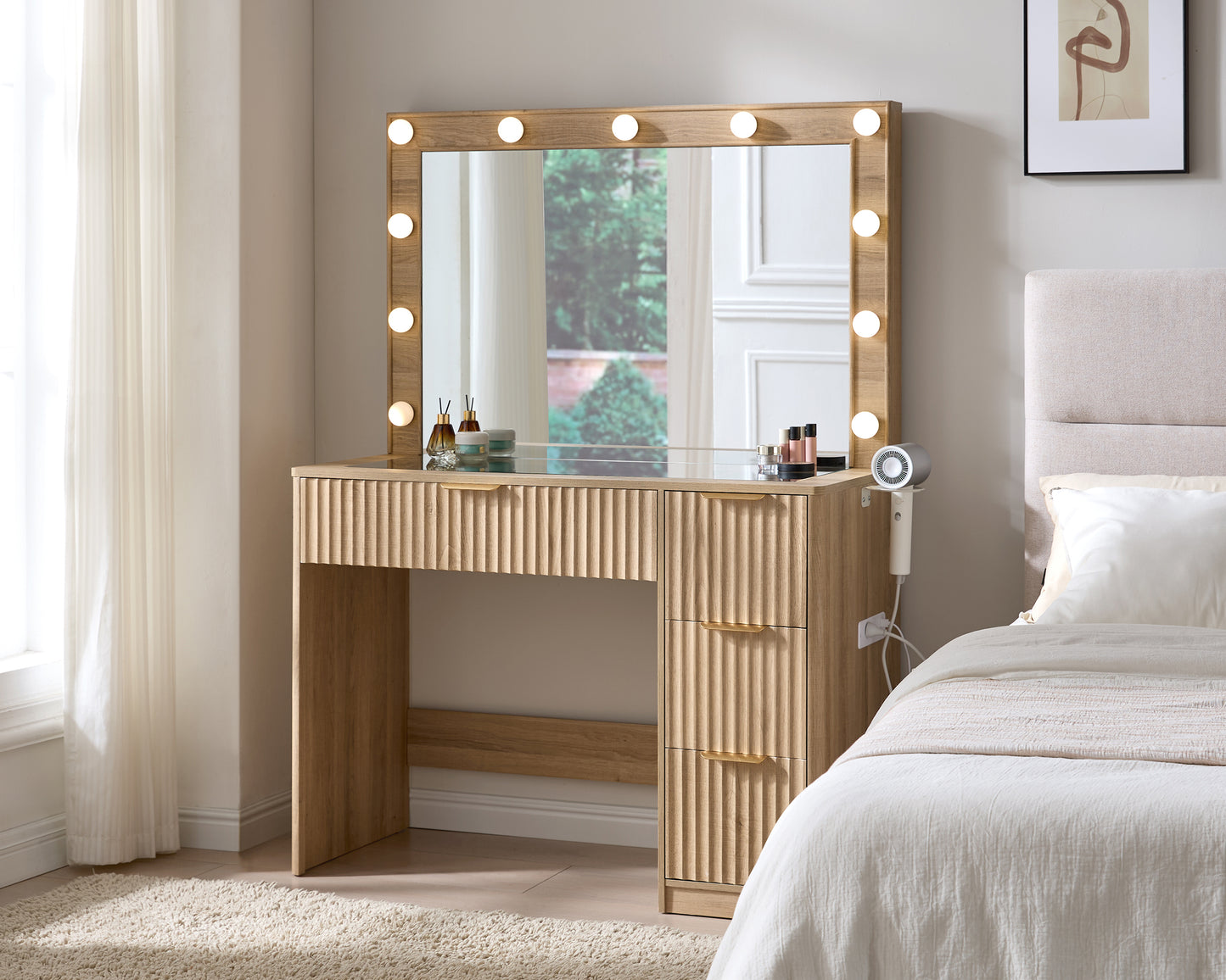 Merluxy Fluted Vanity Desk with Large Mirror and Adjustable LED Lights, 4 Drawers Makeup Table with Glass Top and Charging Station