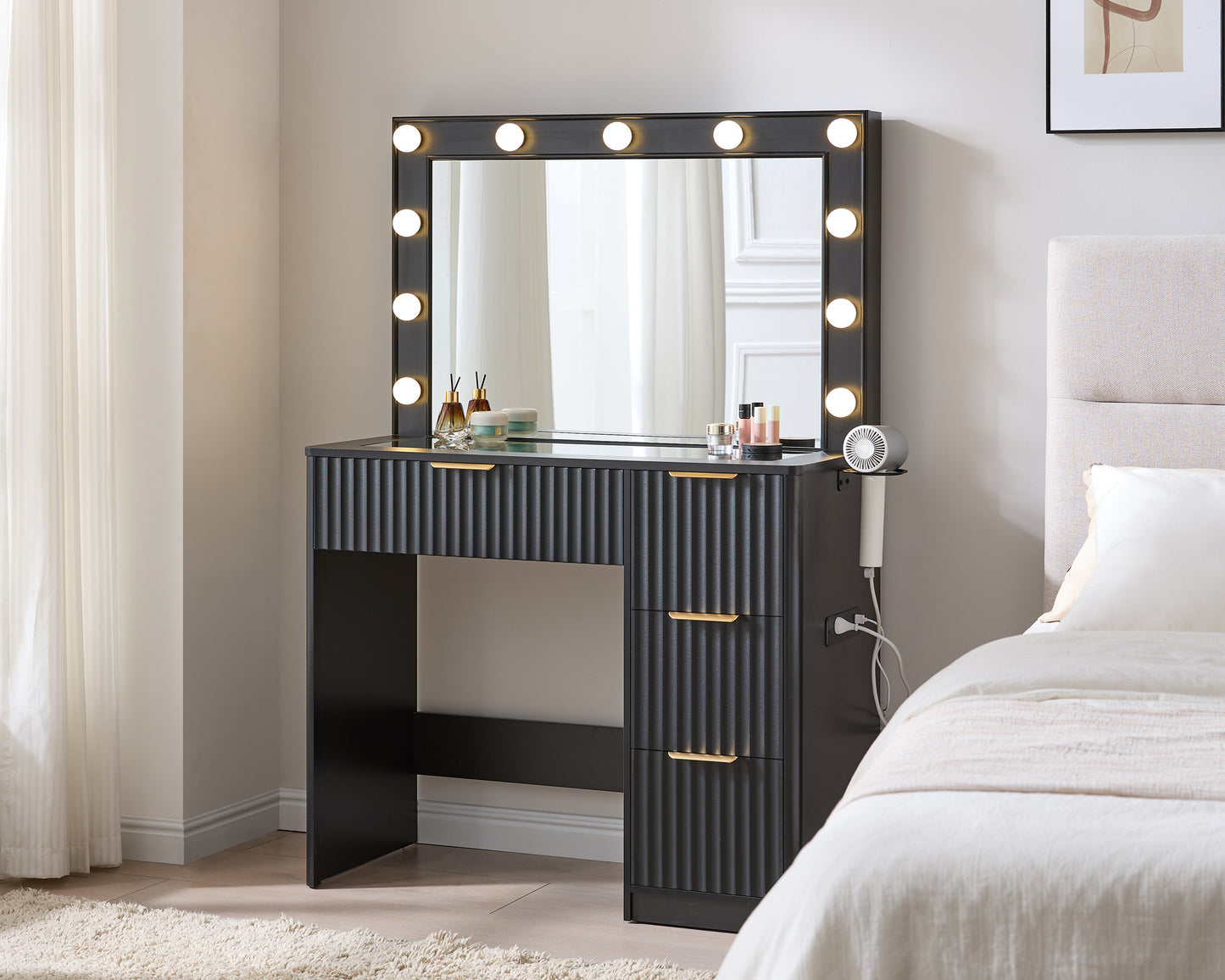 Merluxy Fluted Vanity Desk with Large Mirror and Adjustable LED Lights, 4 Drawers Makeup Table with Glass Top and Charging Station