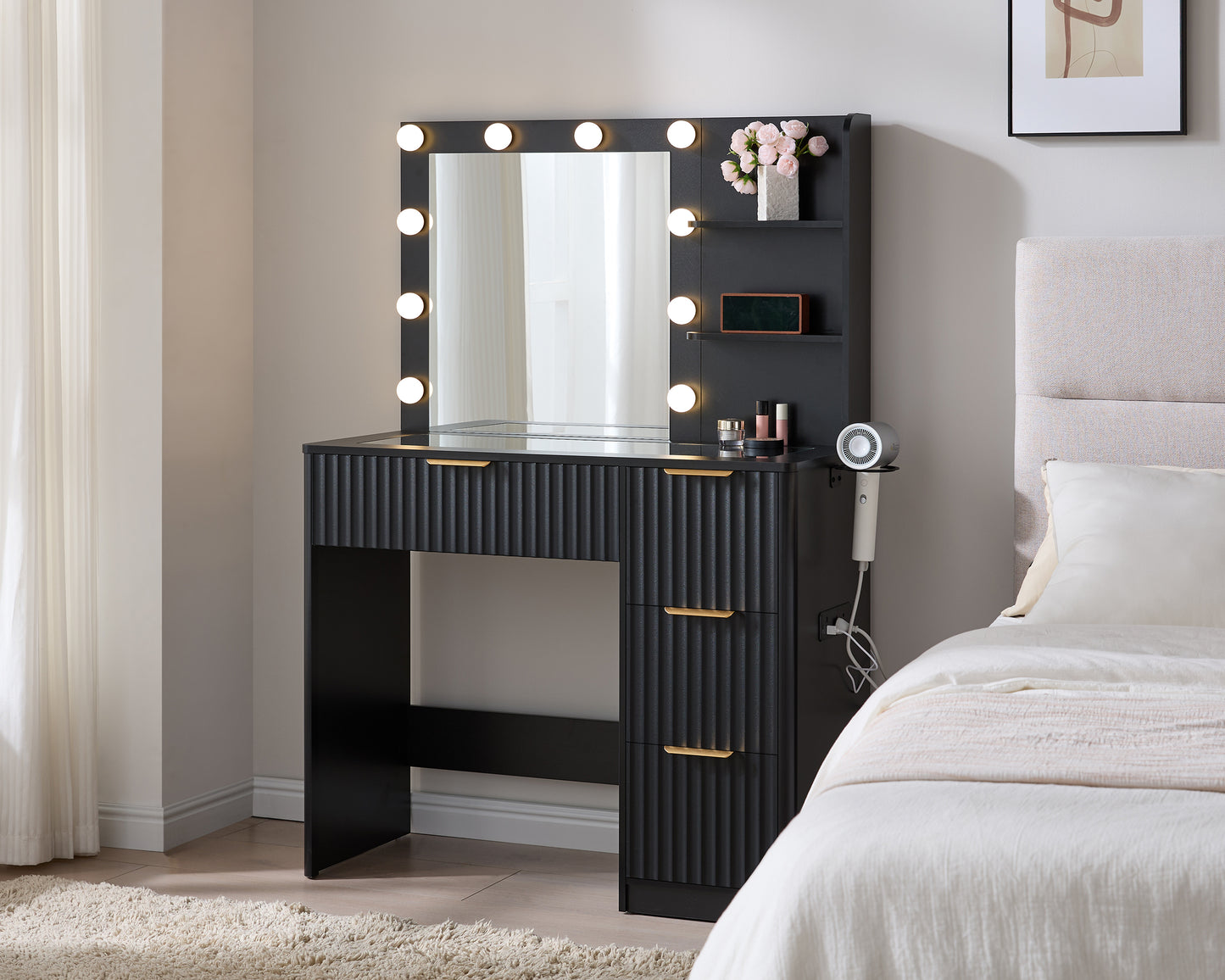 Merluxy Fluted Vanity Desk with Mirror and Adjustable LED Lights, 4 Drawers Makeup Table with Glass Top and Charging Station