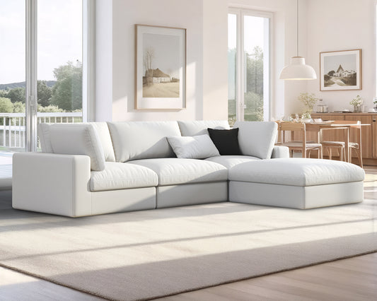 AMERLIFE 114" Modular L-Shaped Sectional Sofa with Chaise & Ottoman, Feather Down Fill, Cloud-Like Comfort, White Linen, 4-Seater for Living Room & Apartment