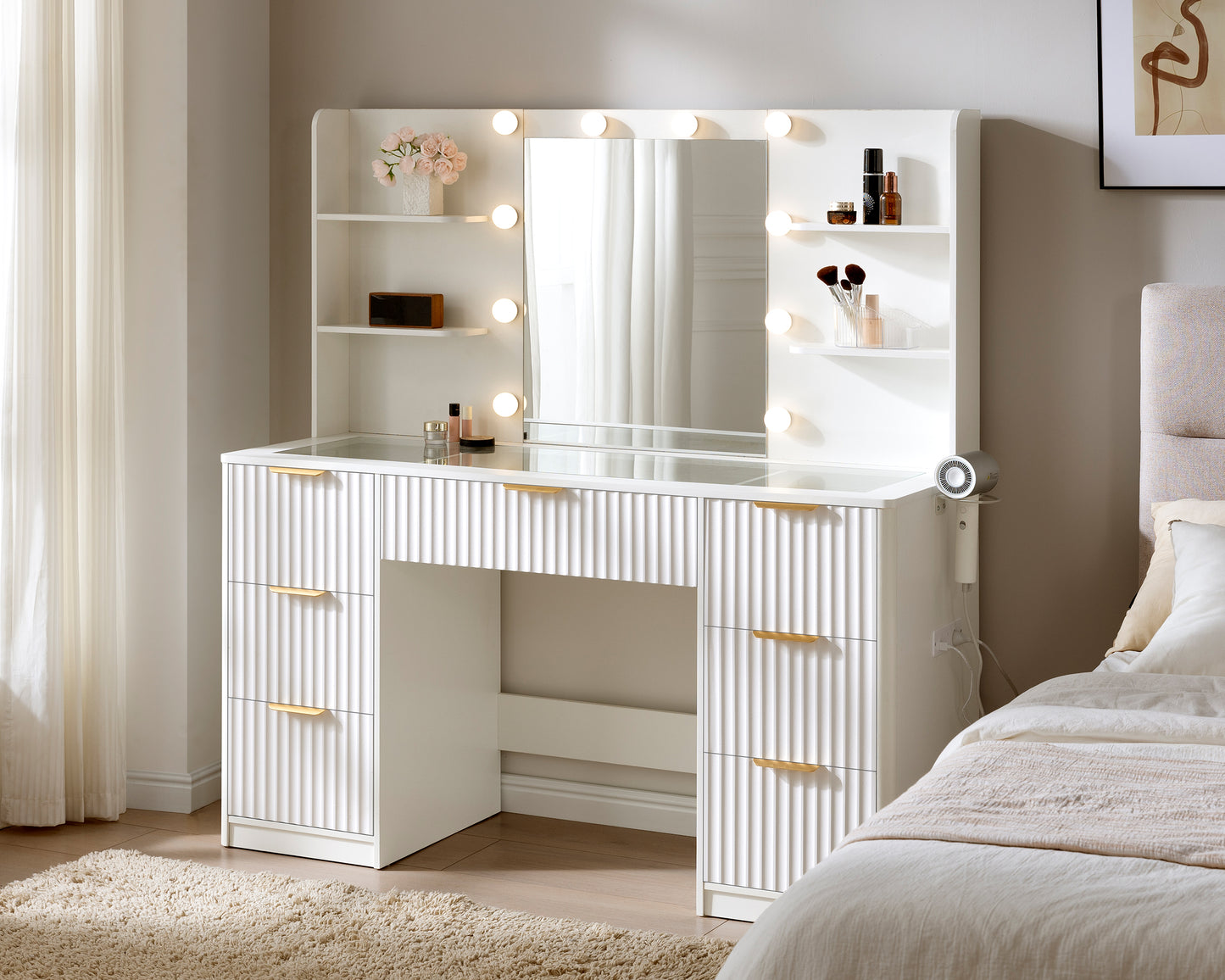Merluxy Fluted Vanity Desk with Mirror and Adjustable LED Lights, 4 Drawers Makeup Table with Glass Top and Charging Station