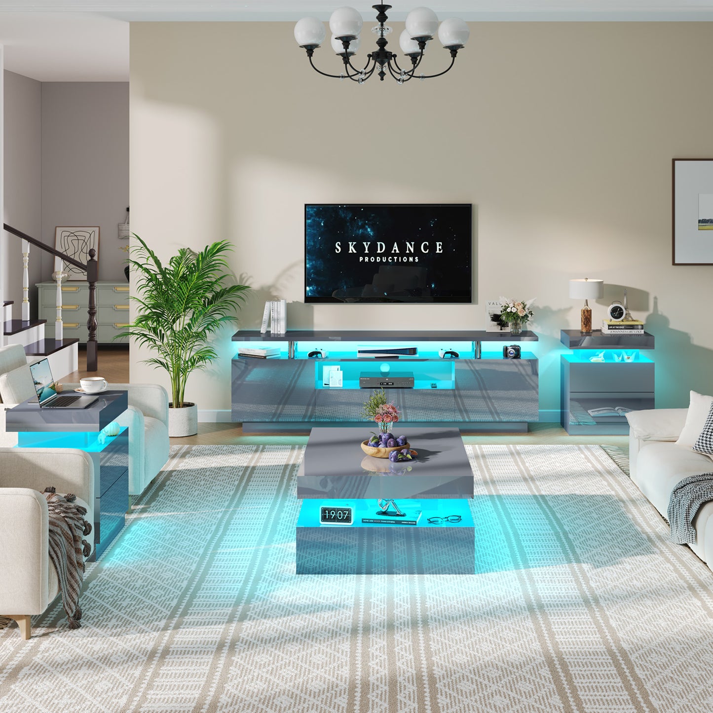 4-Piece Living Room Table Set Includes Modern 70" TV Stand, Coffee Table and Nightstands Set of 2 with LED Lights, High Glossy Coffee Table Set for Bedroom & Office, White