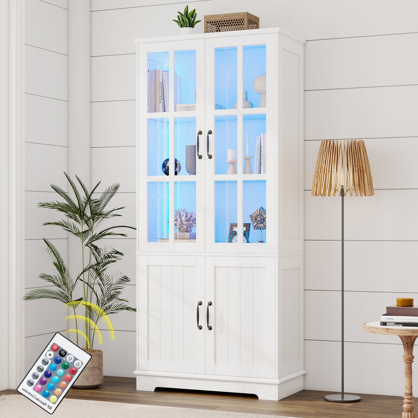 71" Tall Storage Cabinet with LED Lights, 5 Tier Large Modern Wood Kitchen Pantry with Acrylic Glass Doors & Shelves, Display Cabinet for Living room, Dining room, Bathroom