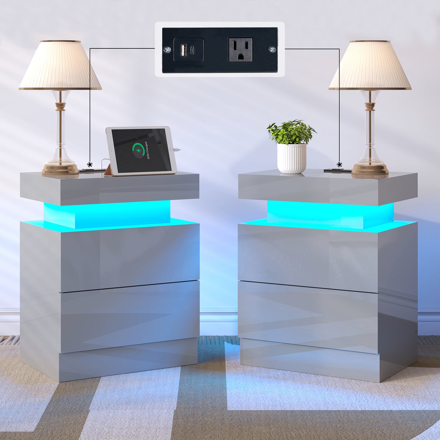 LUXOAK Nightstand Set of 2 with Charging Station and LED Light, Modern Side Table