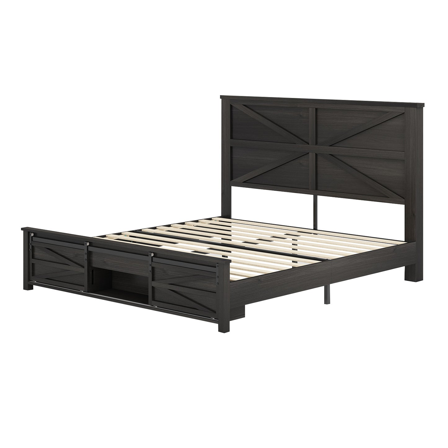 VANACC Farmhouse Wood Bed Frame with Sliding Barn Door Storage Cabinets and Headboard,Solid Wood Slats Support,No Squeak, No Box Spring Needed