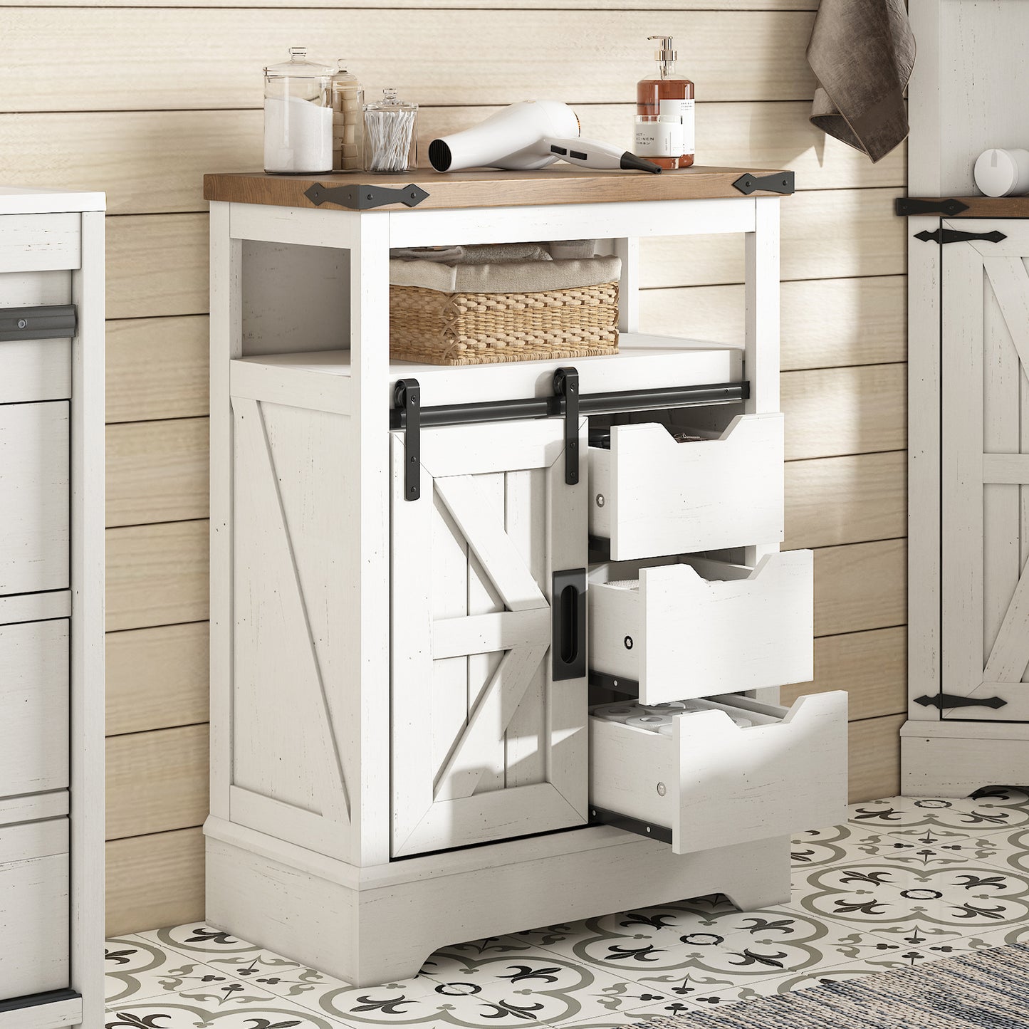 MERLUXY 24" Floor Cabinet, Farmhouse Storage Cabinet with 3 Drawers & Adjustable Shelf, Storage Cabinet with Sliding Barn Door for Bathroom, Kitchen, Living Room