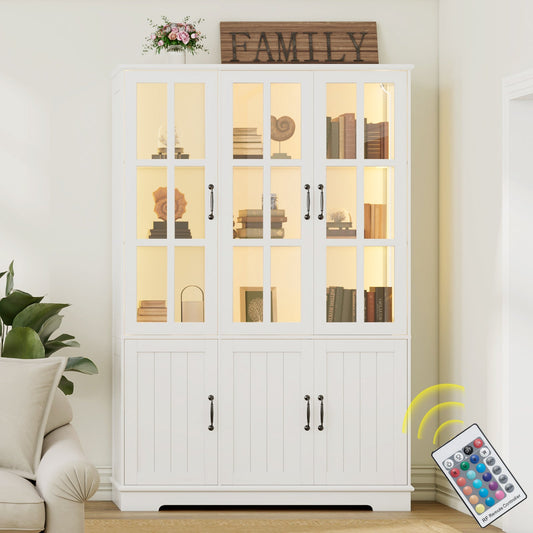 71" Tall Storage Cabinet with LED Lights, 5 Tier Large Modern Wood Kitchen Pantry with Acrylic Glass Doors & Shelves, Display Cabinet for Living room, Dining room, Bathroom