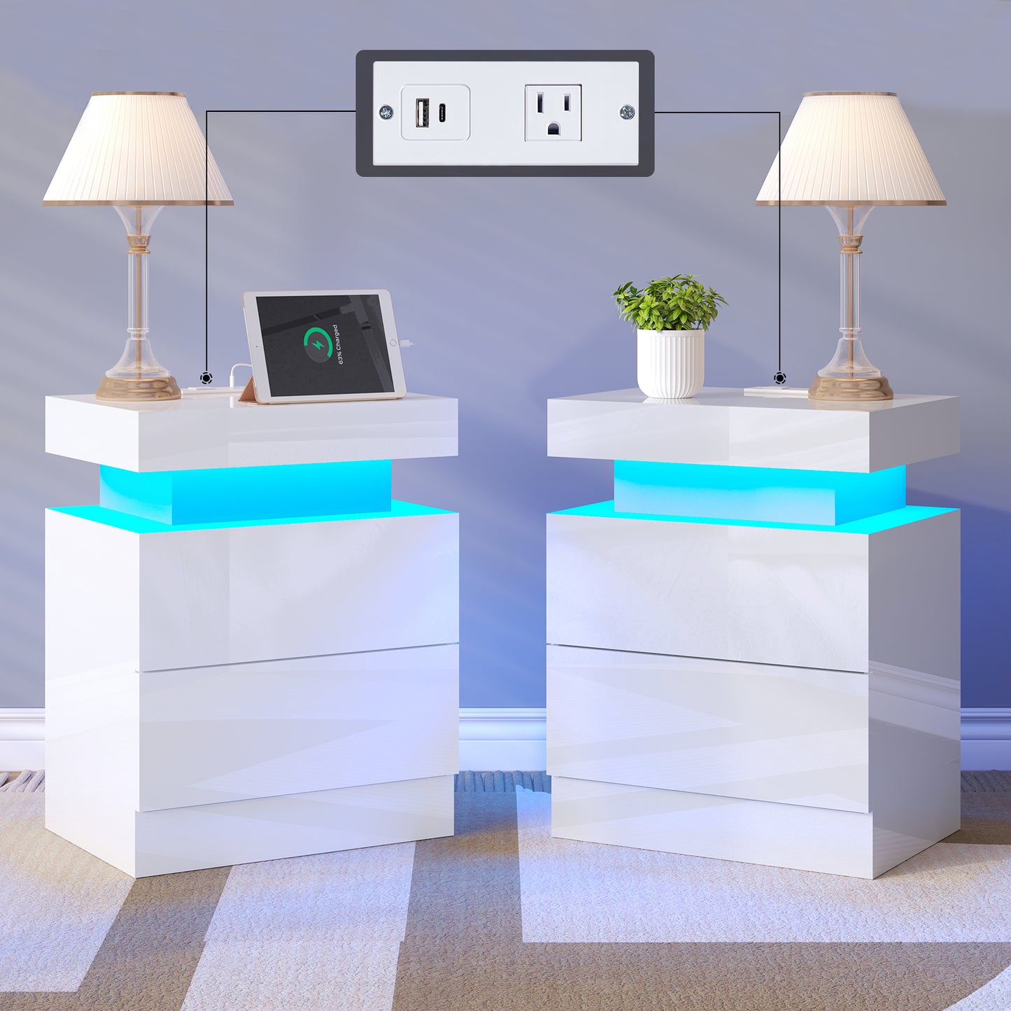 LUXOAK Nightstand Set of 2 with Charging Station and LED Light, Modern Side Table