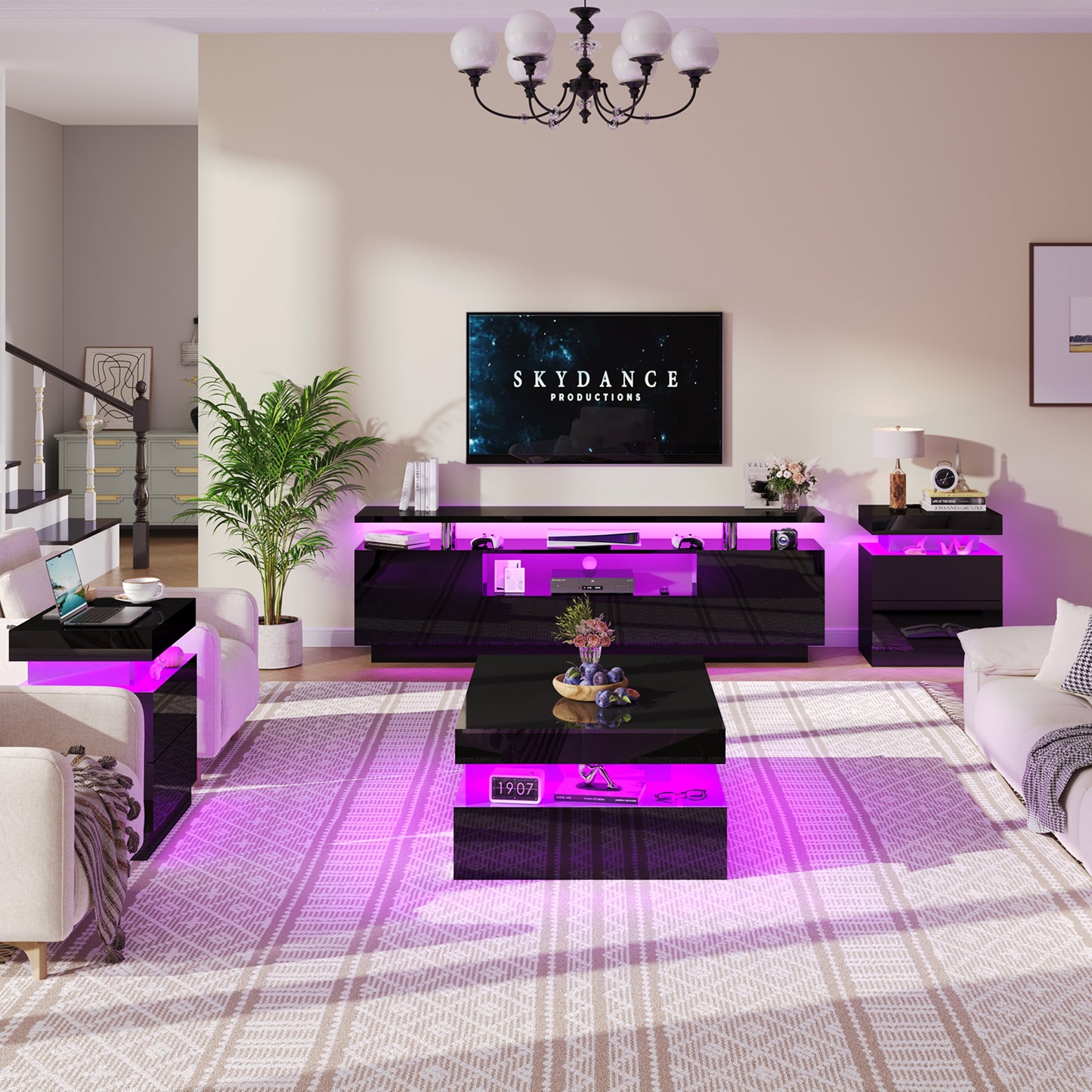 4-Piece Living Room Table Set Includes Modern 70" TV Stand, Coffee Table and Nightstands Set of 2 with LED Lights, High Glossy Coffee Table Set for Bedroom & Office, White