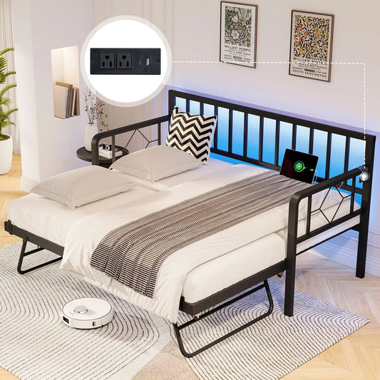 Papajet Twin DayBed with Charging Station and LED Lights, Metal Twin Daybed with Trundle for Living Room, Bedroom, Guest Room