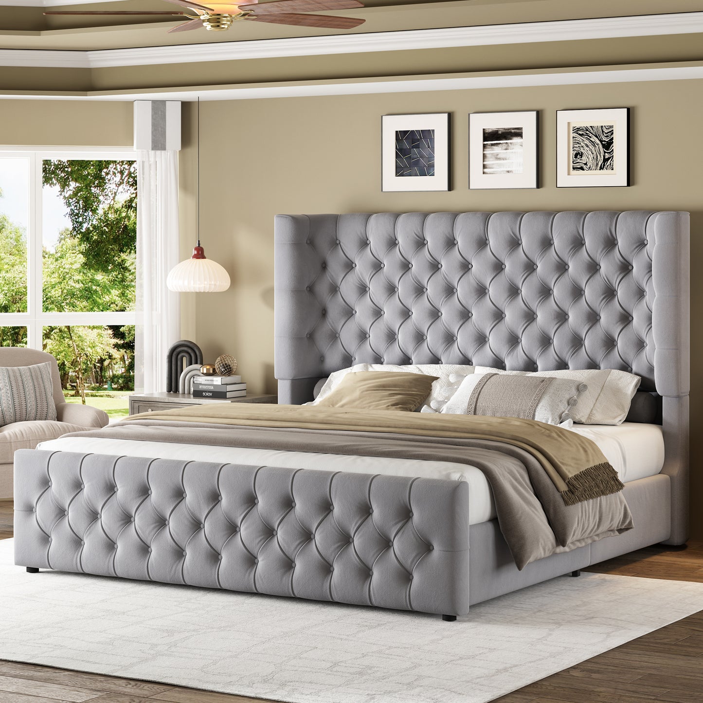 Jocisland Platform Bed Frame, 6.3" Thick Upholstered Curved Wingback Headboard and Footboard with Deep Button Tufted, Easy Assembly, No Box Spring Needed