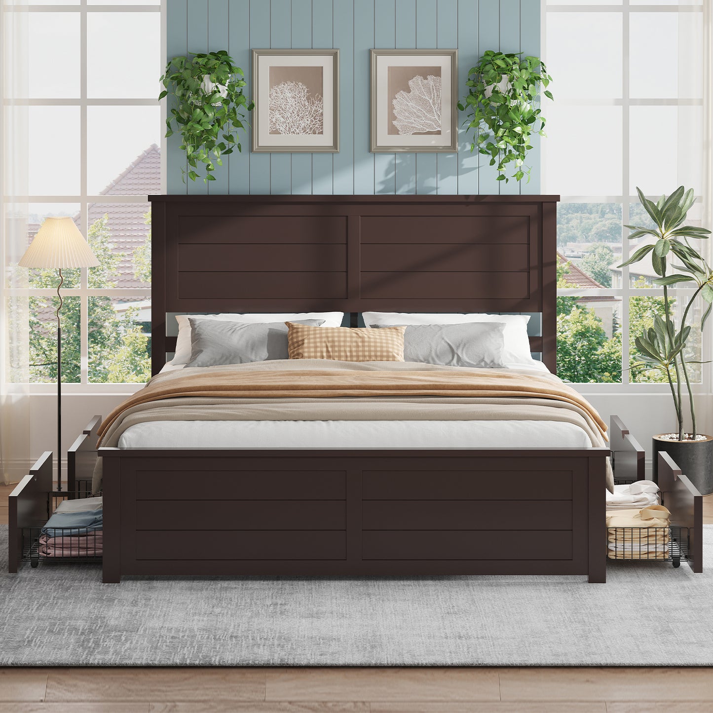 VANACC Farmhouse Bed Frame with Headboard and 4 Storage Drawers, Solid Wood Barn Door Platform Bed with Wood Slats, Heavy Duty Mattress Foundation, Non-Slip & Noise-Free