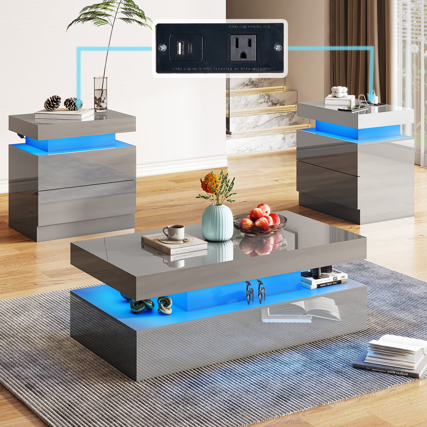 AMERLIFE High Gloss 3 Pieces Living Room Table Set, Modern LED Coffee Table Sets of 3, 2-tier Center Table with 2 End Side Tables, LED Lights Bedside Table Nightstands with Charging Station, Black