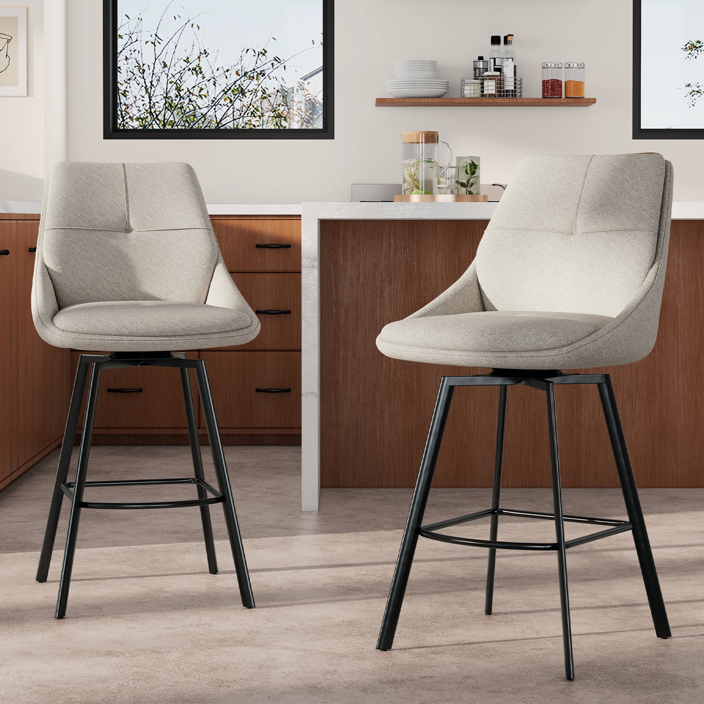Melucy Counter Height Bar Stools Set of 2, 360° Swivel Bar Stools with Curved Back and Large Seat Cushion, 41" Tall Linen Bar Chair with Metal Footrest, Modern Barstools for Kitchen Island, Black